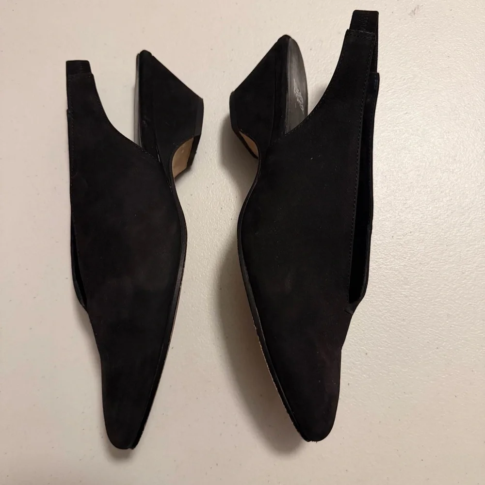 Eileen Fisher Gatwick Suede Slingback Wedge Sandals Shoes Pointed Toe Black 8